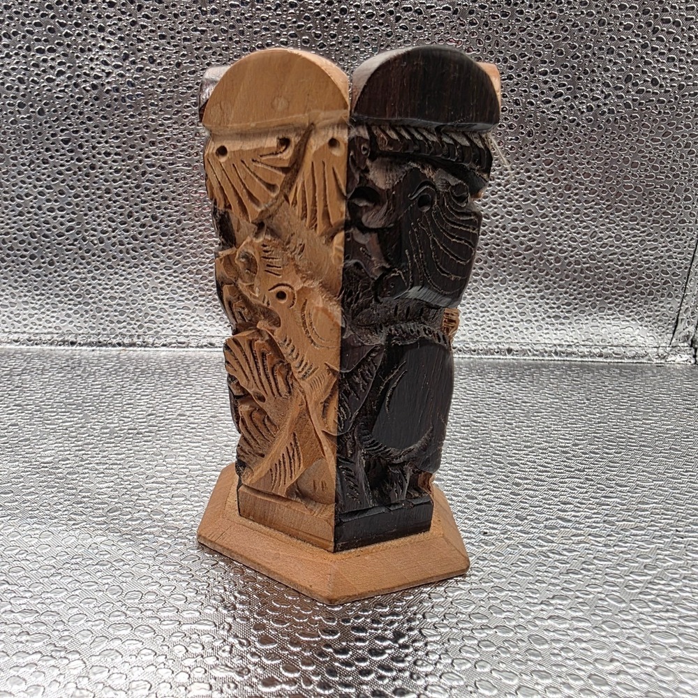 Vtg Hand-Carved African Wood Vase – Jungle Animals Two-Tone 6-Sided 4" Sculpture